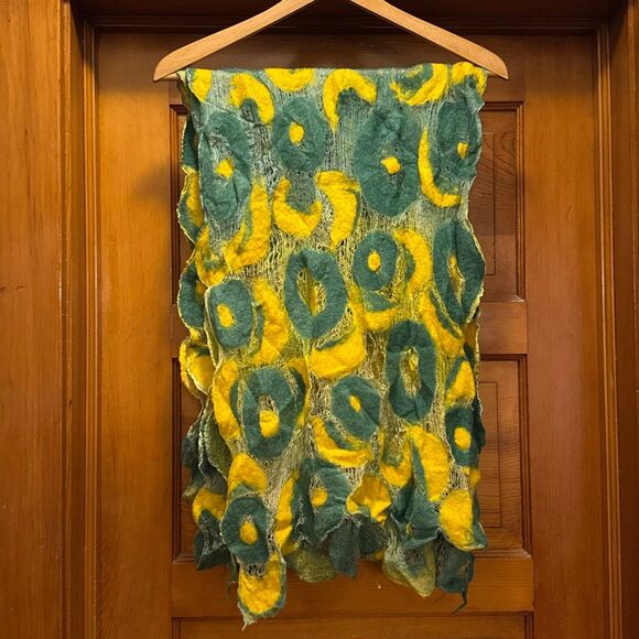 Handmade Nuno Felted Artsy Green Yellow Abstract Fun Scarf 98” x 21” - Picture 1 of 6